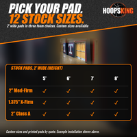Thumbnail for Size chart of 2 foot wide gym wall pads in 5 to 8 foot heights and three foams, below black wall pads printed with red and gray T letters