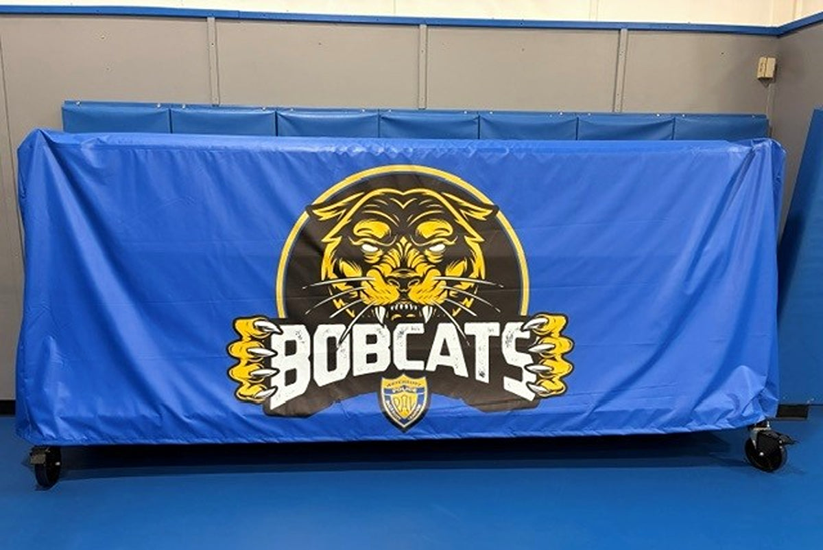 Blue Gymguard mobile rack cover fitted on a Bobcat rack