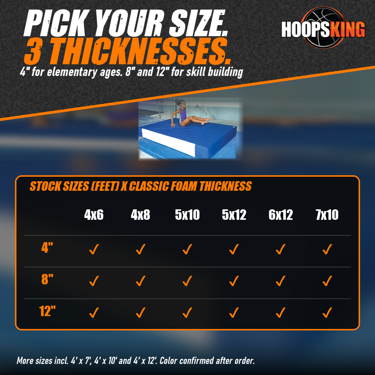 Size chart for EnviroSafe safety landing mats in 4, 8 and 12 inch foam below a photo of a gymnast on a blue landing mat