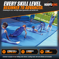 Thumbnail for Young gymnasts in blue unitards doing splits, push-ups and a handstand on rows of blue tumbling mats outdoors