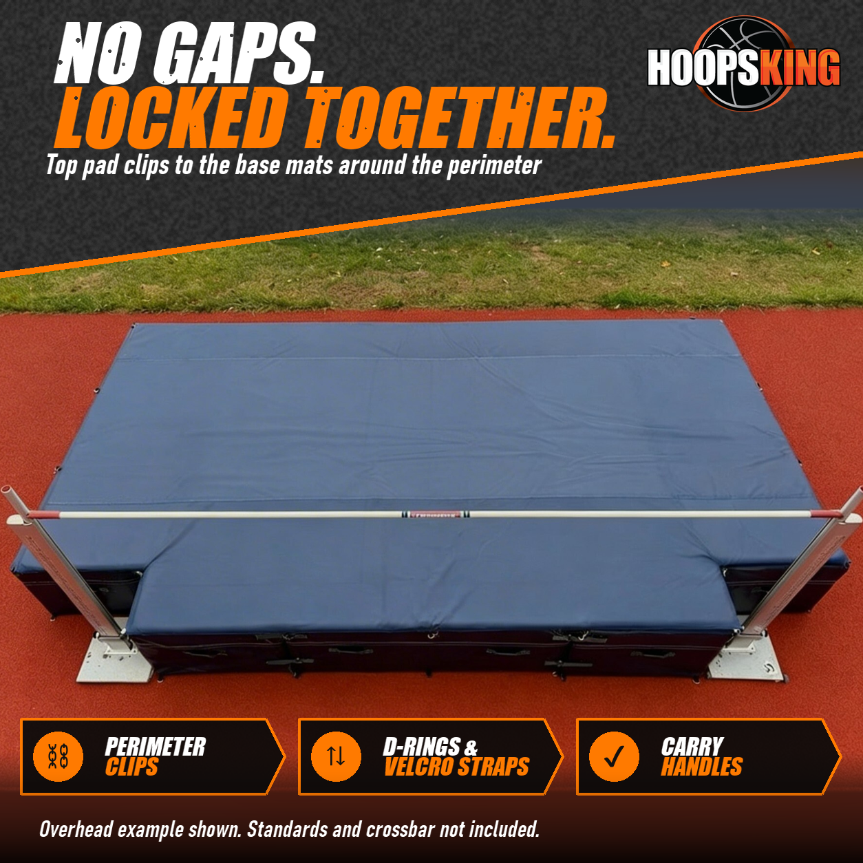 Overhead view of a blue high jump landing mat on a red track with standards and a crossbar at each end