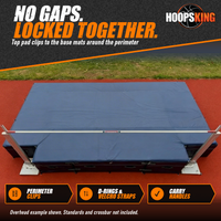 Thumbnail for Overhead view of a blue high jump landing mat on a red track with standards and a crossbar at each end