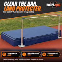 Thumbnail for Blue high jump landing mat with silver standards and a crossbar set up on a red track beside empty bleachers