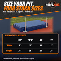 Thumbnail for Chart of four stock high jump pit sizes below a blue landing mat with standards on a red track