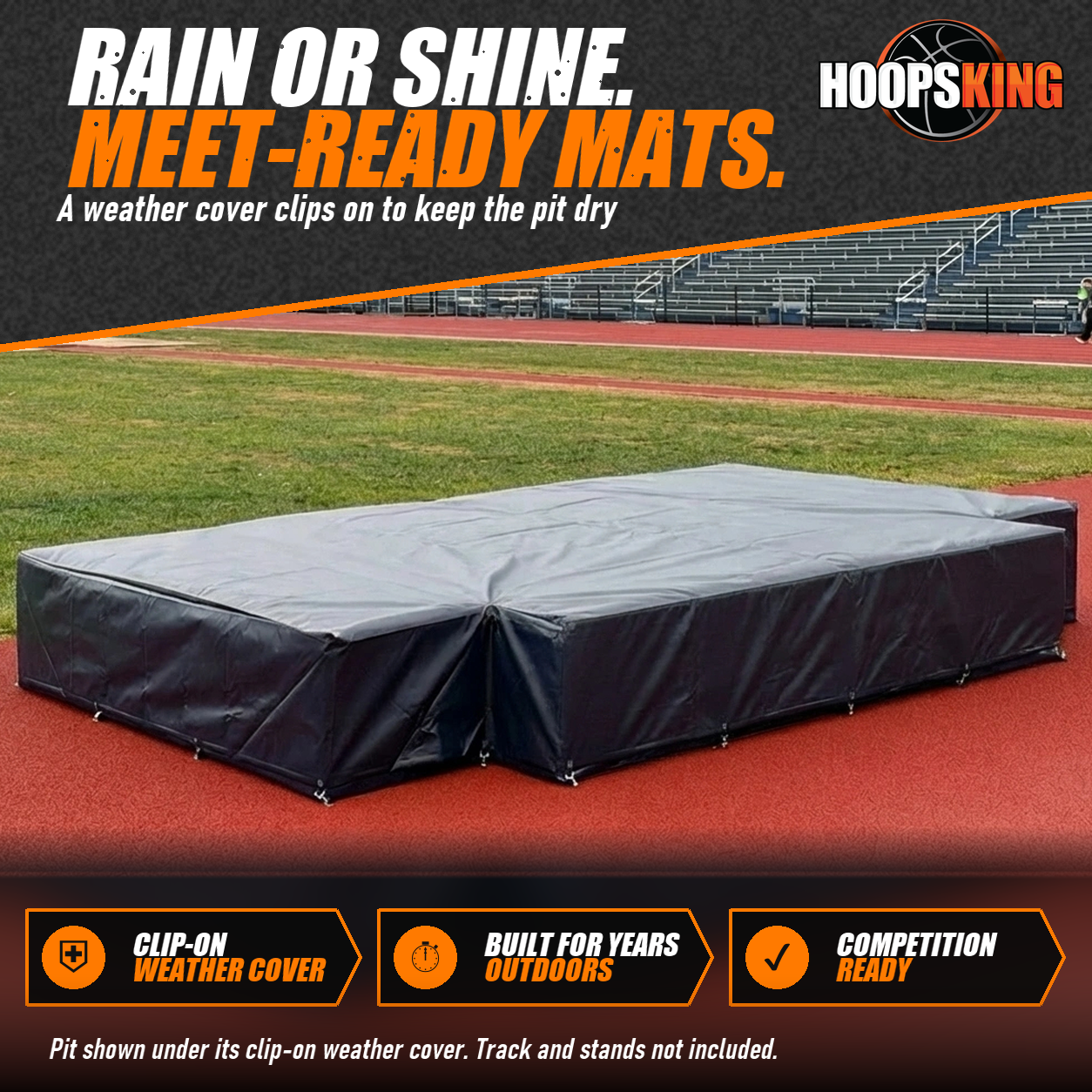 High jump landing pit wrapped in a dark gray clip-on weather cover on a red running track in front of bleachers