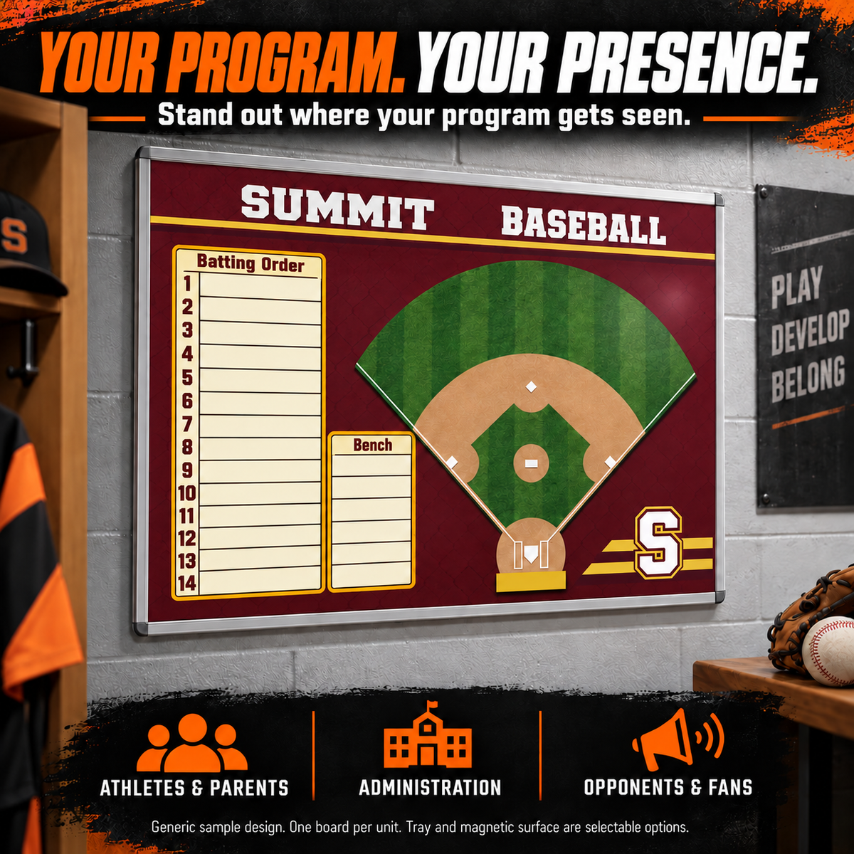 Custom Baseball or Softball Locker Room Whiteboard (Wall) (24x18" or 36x24"): Your program, your presence. Stand out where your program gets seen by athletes, parents, administrators, opponents and fans. burgundy and gold diamond, batting-order and bench layout. One board per unit. Tray and magnetic surface are selectable options. AI illustration with generic Summit sample branding.
