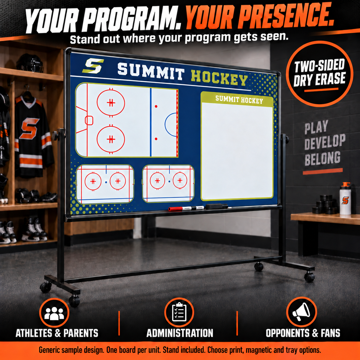 Custom Hockey Rolling Magnetic Whiteboard w- Stand: Your program, your presence. Stand out where your program gets seen by athletes, parents, administrators, opponents and fans. navy and lime practice layout with one large half-rink, two small half-rinks and notes area. Two-sided dry erase. One board per unit; rolling stand included. Print, magnetic surface and tray are selectable options. AI illustration with generic Summit sample branding.