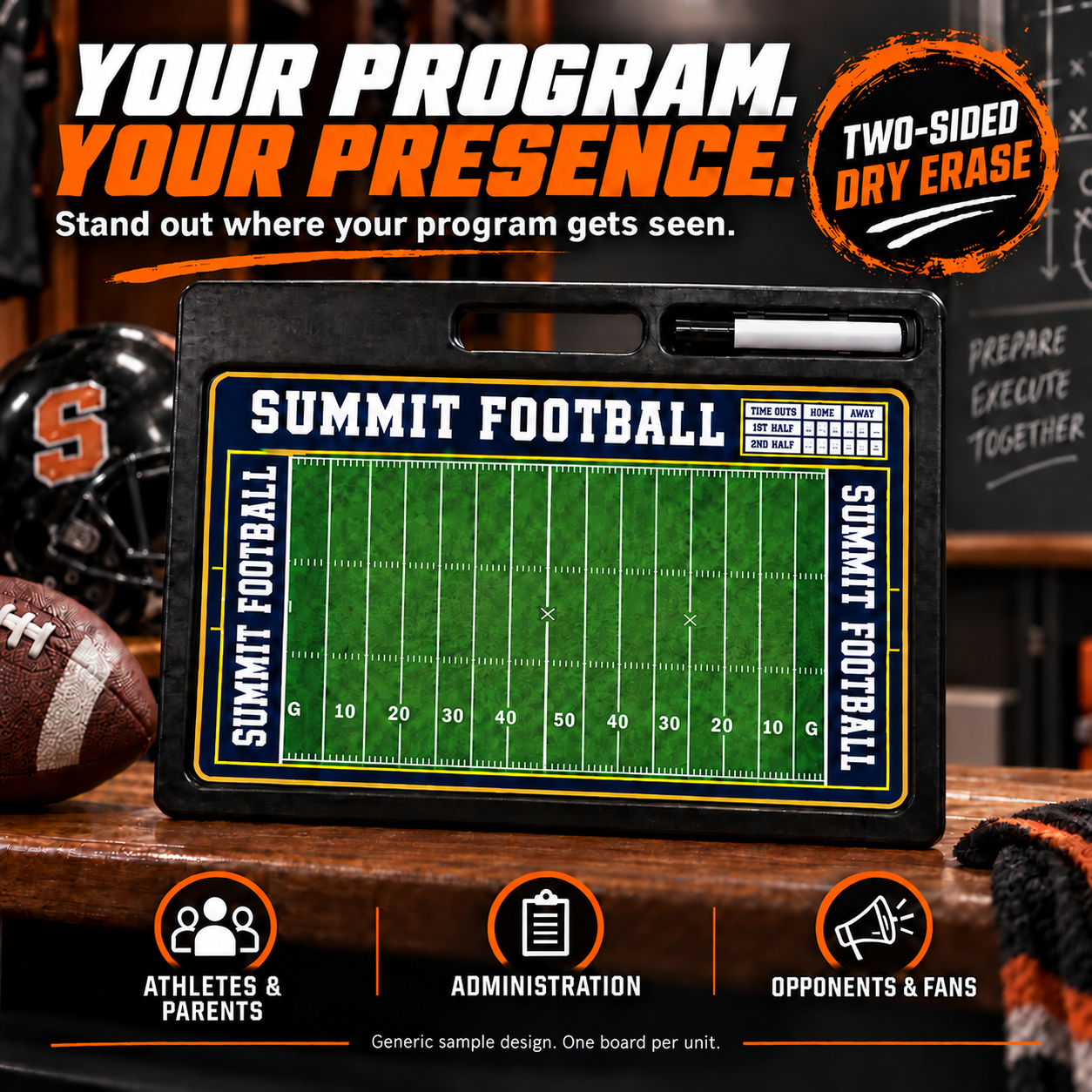 Custom Pro Football Whiteboard -w Handle | 2 Sided: Your program, your presence. Stand out where your program gets seen by athletes, parents, administrators, opponents and fans. navy and gold full-field sample with time-out chart. Two-sided dry erase. One board per unit. AI illustration with generic Summit sample branding.
