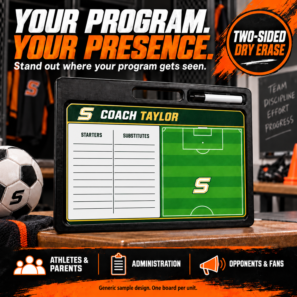 Custom Pro Soccer Whiteboard -w Handle | 2 Sided: Your program, your presence. Stand out where your program gets seen by athletes, parents, administrators, opponents and fans. green and gold half-pitch with starters and substitutes columns. Two-sided dry erase. One board per unit. AI illustration with generic Summit sample branding.