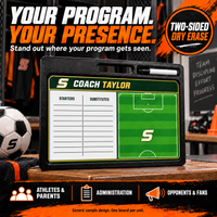 Thumbnail for Custom Pro Soccer Whiteboard -w Handle | 2 Sided: Your program, your presence. Stand out where your program gets seen by athletes, parents, administrators, opponents and fans. green and gold half-pitch with starters and substitutes columns. Two-sided dry erase. One board per unit. AI illustration with generic Summit sample branding.