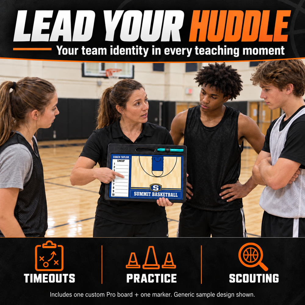 Custom Basketball pro-handle coaching board: Basketball pro-handle sample face with varied team colors and source-informed sport diagrams or writing areas. Generic AI sample illustration. Final artwork follows the selected product designer.