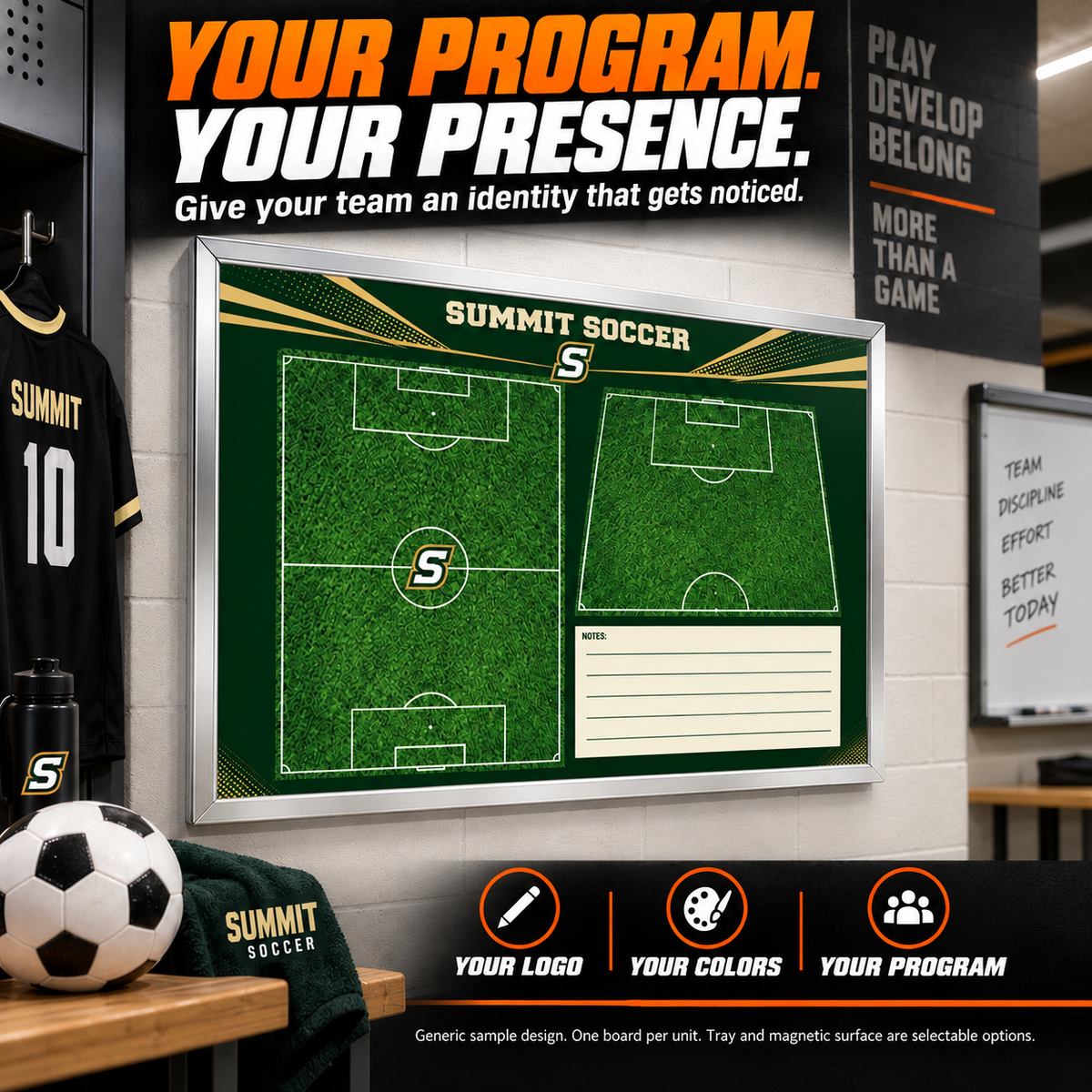 Custom Soccer small-wall coaching board: Soccer small-wall sample face with varied team colors and source-informed sport diagrams or writing areas. Generic AI sample illustration. Final artwork follows the selected product designer.