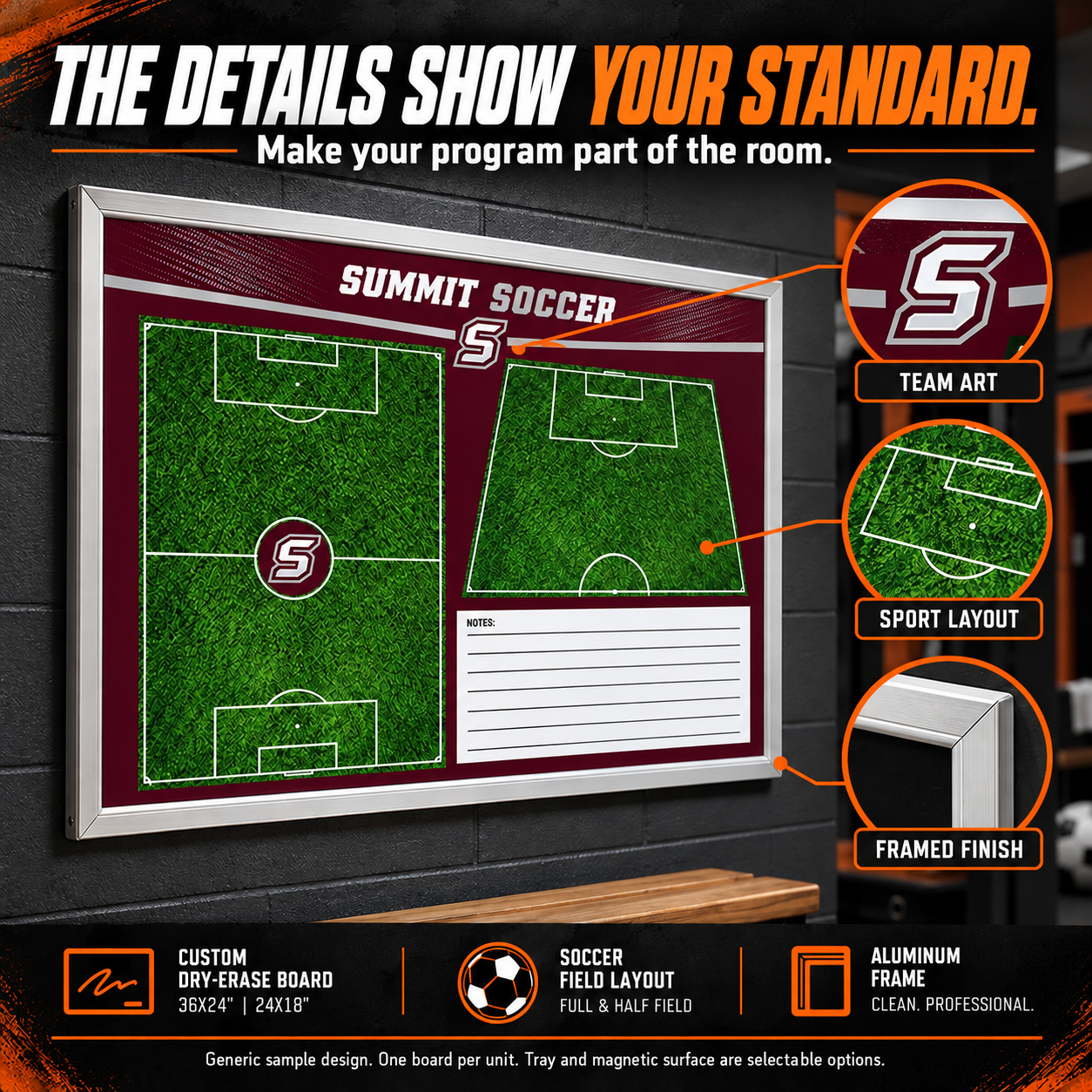 Custom Soccer small-wall coaching board: Soccer small-wall sample face with varied team colors and source-informed sport diagrams or writing areas. Generic AI sample illustration. Final artwork follows the selected product designer.