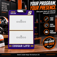 Thumbnail for Custom Football clipboard coaching board: Football clipboard sample face with varied team colors and source-informed sport diagrams or writing areas. Generic AI sample illustration. Final artwork follows the selected product designer.