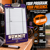 Thumbnail for Custom Baseball / Softball clipboard coaching board: Baseball / Softball clipboard sample face with varied team colors and source-informed sport diagrams or writing areas. Generic AI sample illustration. Final artwork follows the selected product designer.