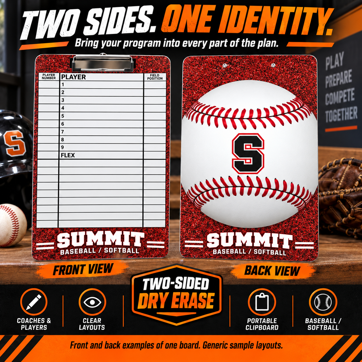 Custom Baseball / Softball clipboard coaching board: Baseball / Softball clipboard sample face with varied team colors and source-informed sport diagrams or writing areas. Generic AI sample illustration. Final artwork follows the selected product designer.