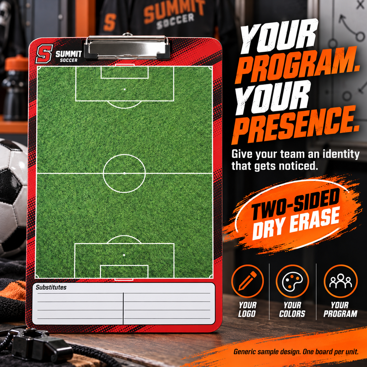 Custom Soccer clipboard coaching board: Soccer clipboard sample face with varied team colors and source-informed sport diagrams or writing areas. Generic AI sample illustration. Final artwork follows the selected product designer.