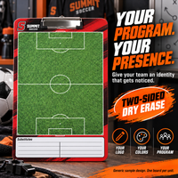Thumbnail for Custom Soccer clipboard coaching board: Soccer clipboard sample face with varied team colors and source-informed sport diagrams or writing areas. Generic AI sample illustration. Final artwork follows the selected product designer.