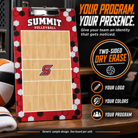 Thumbnail for Custom Volleyball clipboard coaching board: Volleyball clipboard sample face with varied team colors and source-informed sport diagrams or writing areas. Generic AI sample illustration. Final artwork follows the selected product designer.
