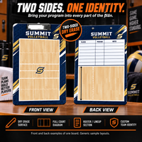 Thumbnail for Custom Volleyball clipboard coaching board: Volleyball clipboard sample face with varied team colors and source-informed sport diagrams or writing areas. Generic AI sample illustration. Final artwork follows the selected product designer.