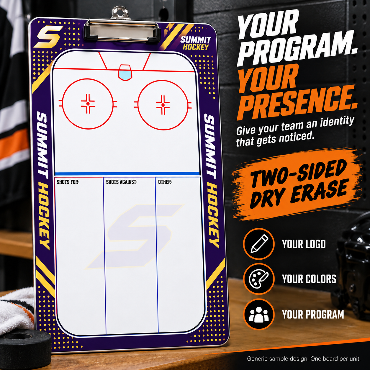 Custom Hockey clipboard coaching board: Hockey clipboard sample face with varied team colors and source-informed sport diagrams or writing areas. Generic AI sample illustration. Final artwork follows the selected product designer.