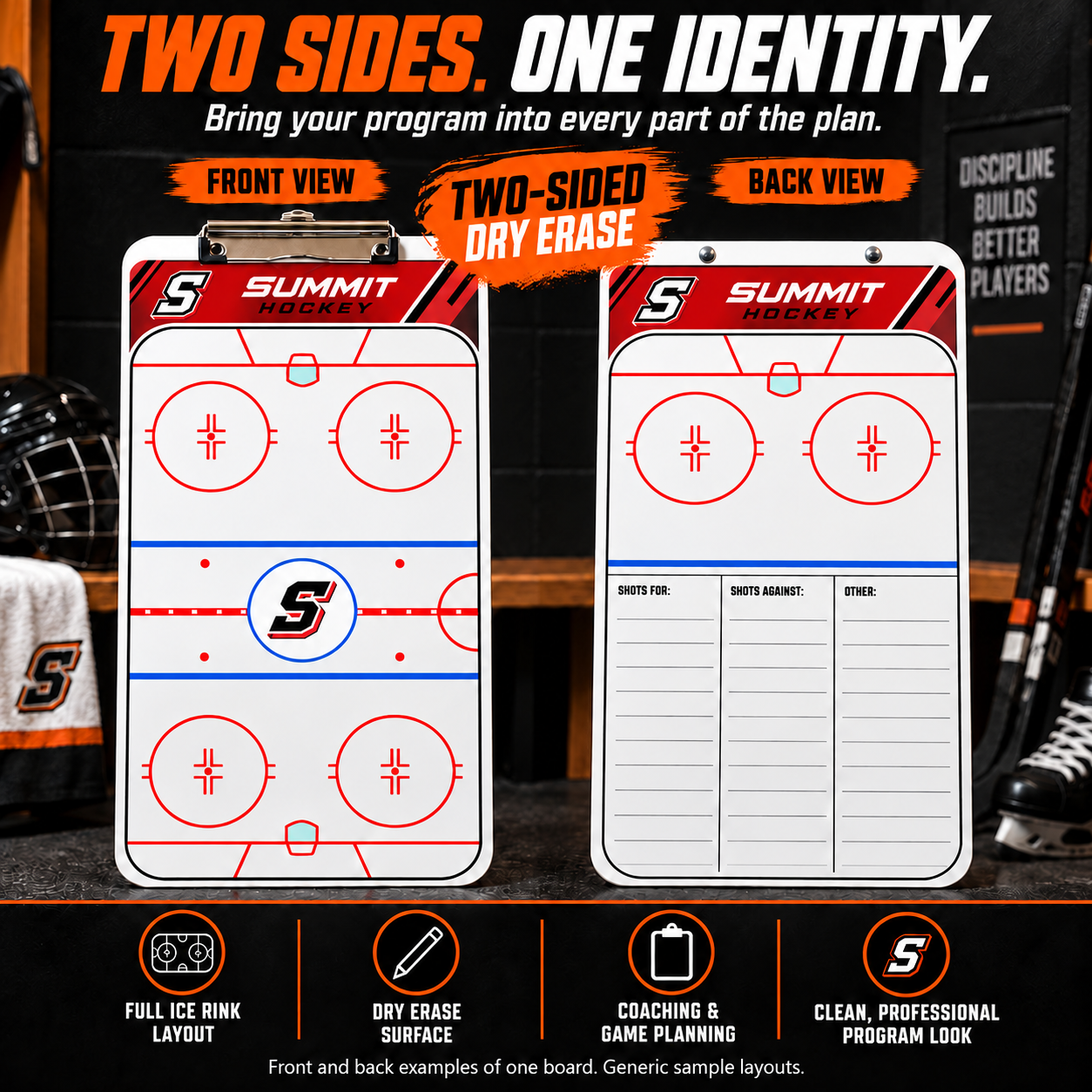 Custom Hockey clipboard coaching board: Hockey clipboard sample face with varied team colors and source-informed sport diagrams or writing areas. Generic AI sample illustration. Final artwork follows the selected product designer.