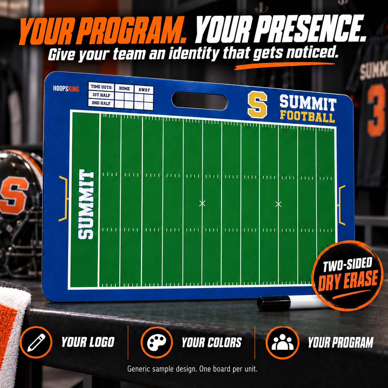 Custom Football carry coaching board: Blue-and-gold football carry board with an intentionally partial field and timeout chart. Generic AI sample illustration. Final artwork follows the selected product designer.