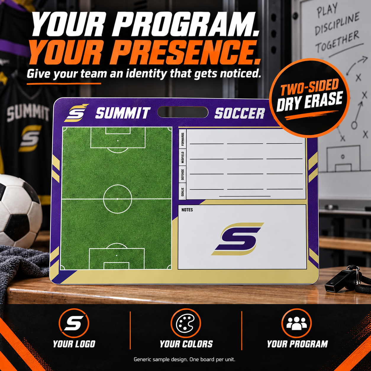 Custom Soccer carry coaching board: Soccer carry sample face with varied team colors and source-informed sport diagrams or writing areas. Generic AI sample illustration. Final artwork follows the selected product designer.