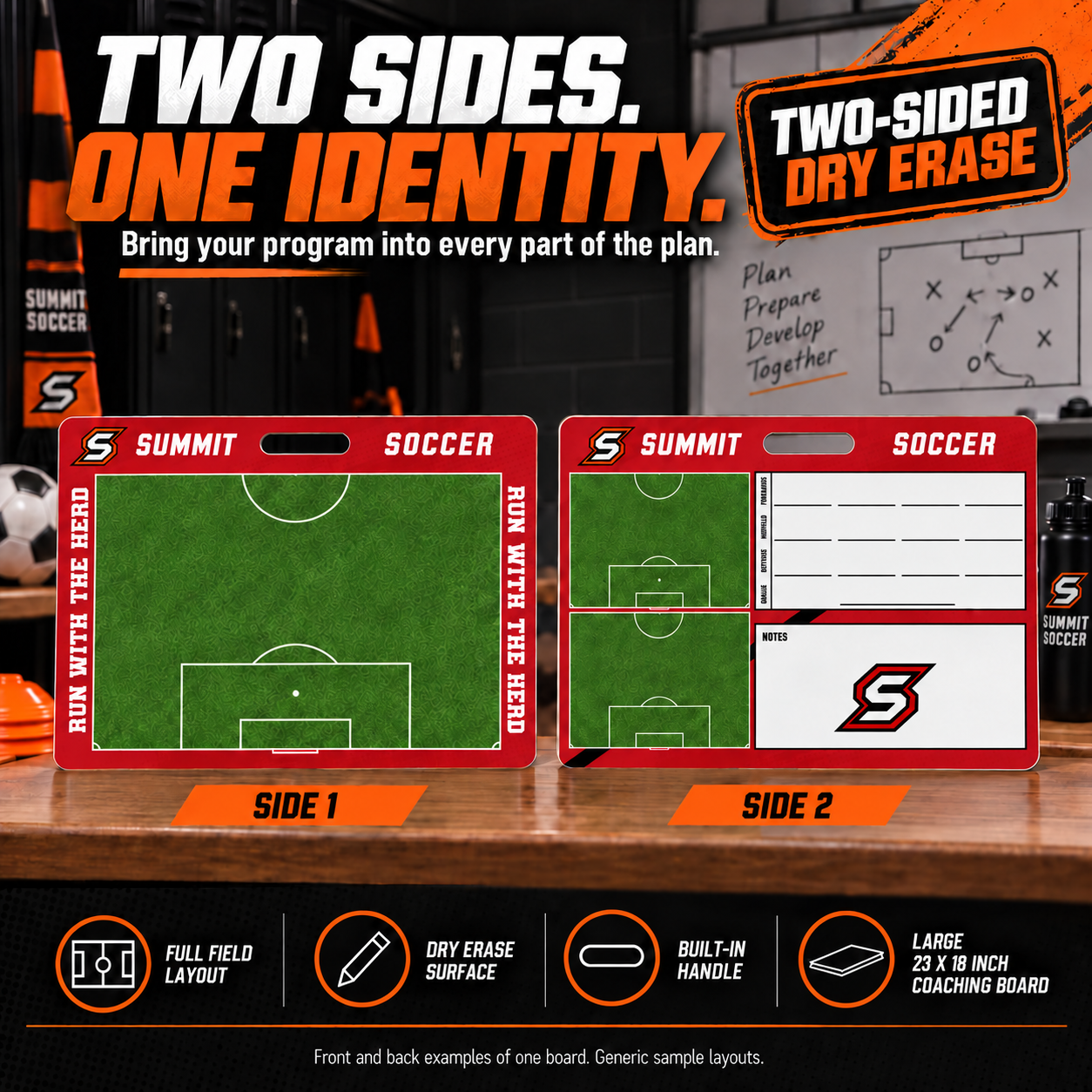 Custom Soccer carry coaching board: Red soccer coaching faces, labelled Side 1 and Side 2. Generic AI sample illustration. Final artwork follows the selected product designer.
