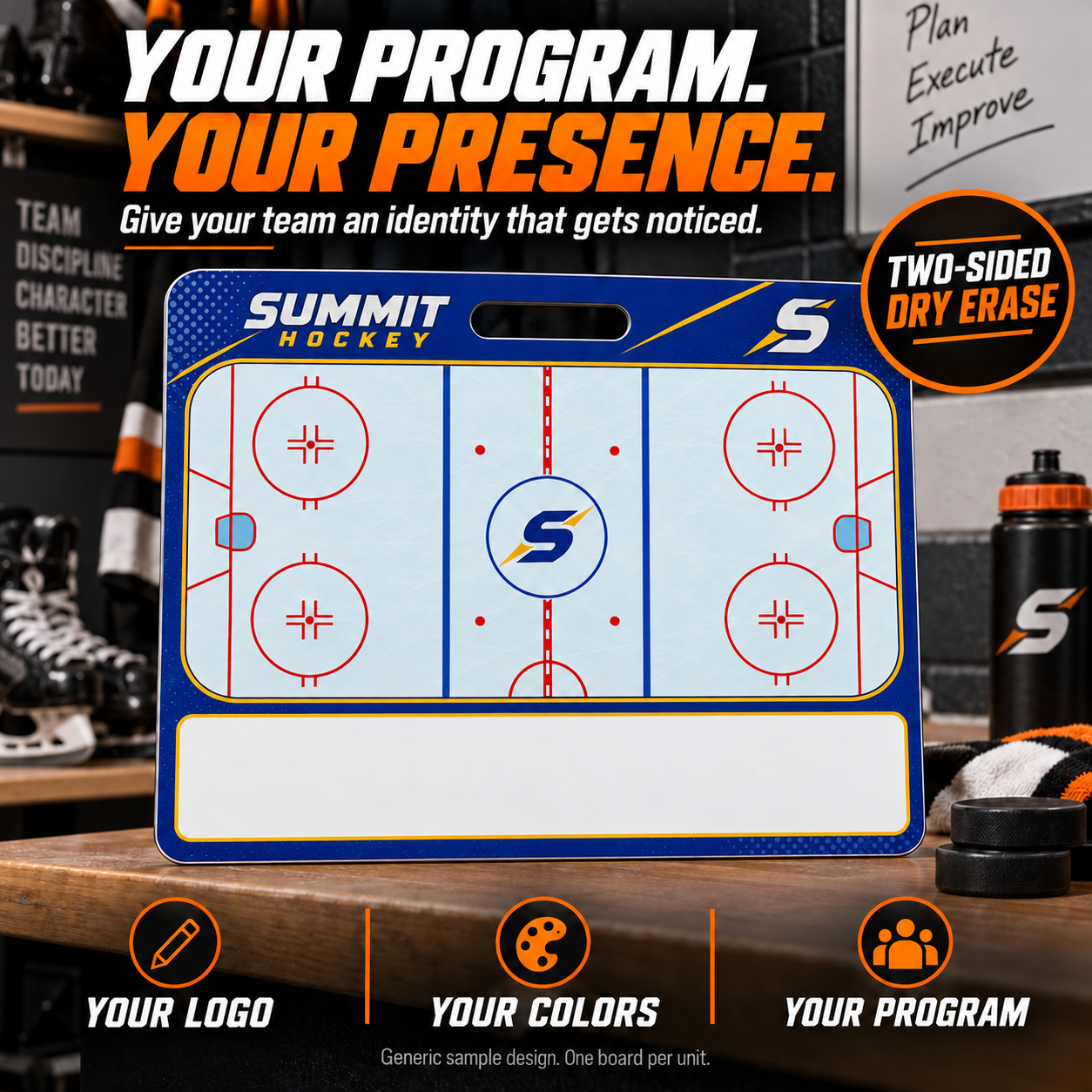 Custom Hockey carry coaching board: Hockey carry sample face with varied team colors and source-informed sport diagrams or writing areas. Generic AI sample illustration. Final artwork follows the selected product designer.