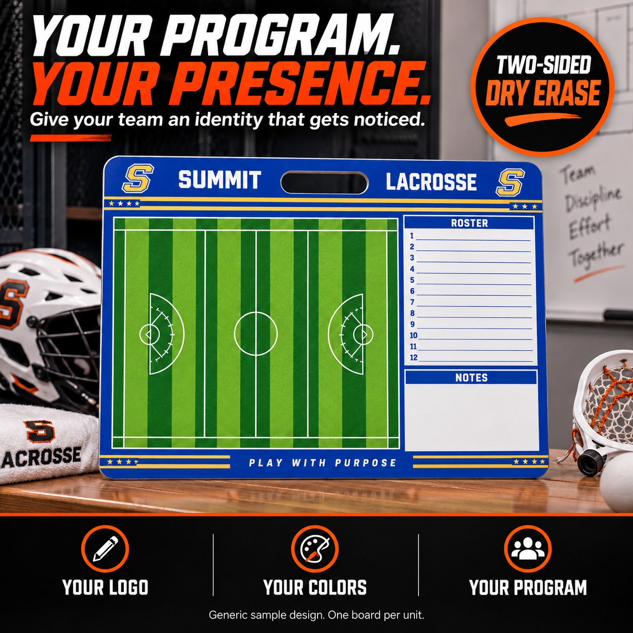 Custom Lacrosse carry coaching board: Lacrosse carry sample face with varied team colors and source-informed sport diagrams or writing areas. Generic AI sample illustration. Final artwork follows the selected product designer.