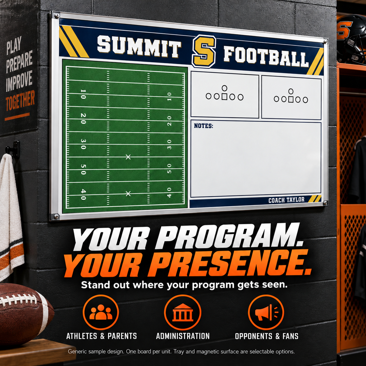 Custom Football small-wall coaching board: Football small-wall sample face with varied team colors and source-informed sport diagrams or writing areas. Generic AI sample illustration. Final artwork follows the selected product designer.