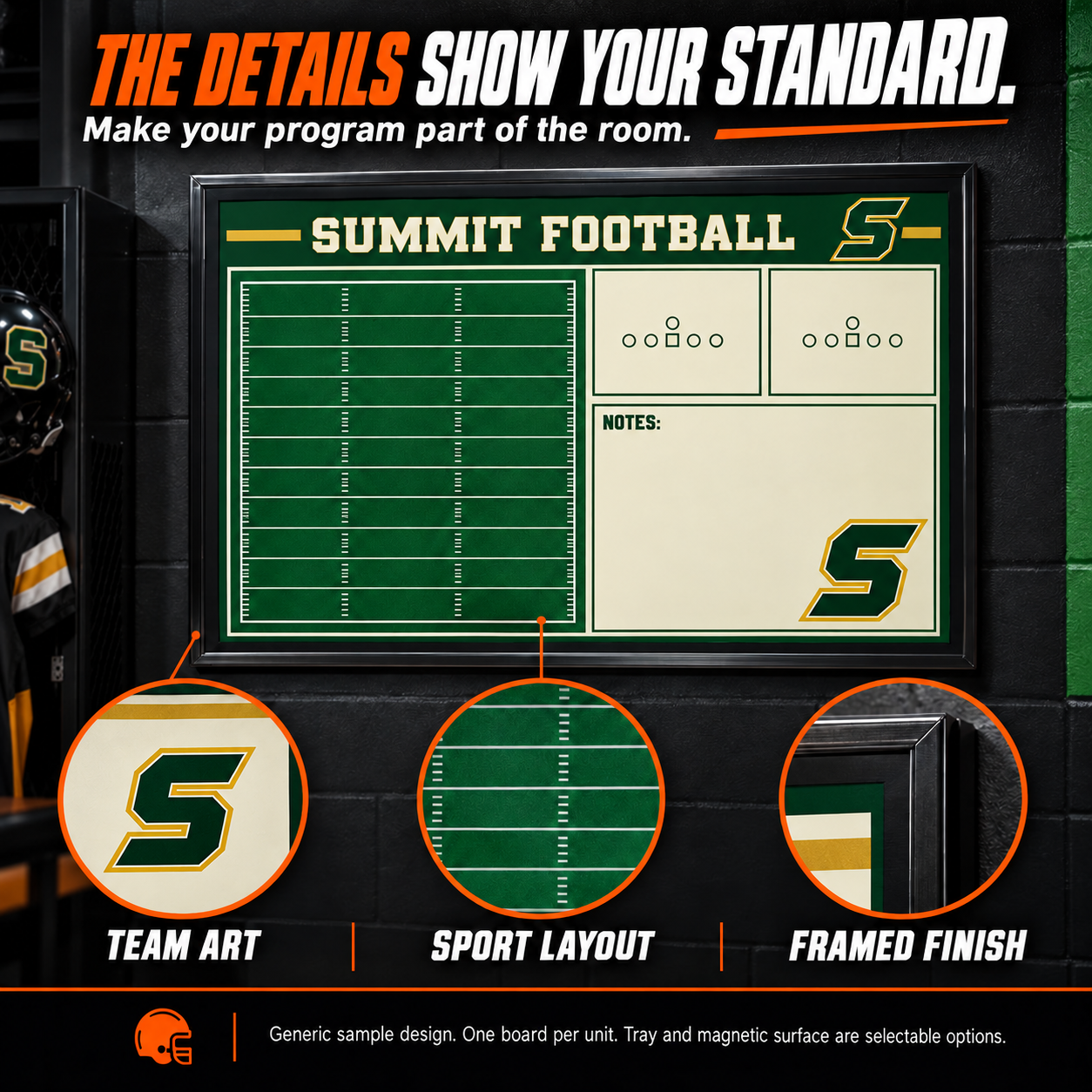 Custom Football small-wall coaching board: Football small-wall sample face with varied team colors and source-informed sport diagrams or writing areas. Generic AI sample illustration. Final artwork follows the selected product designer.