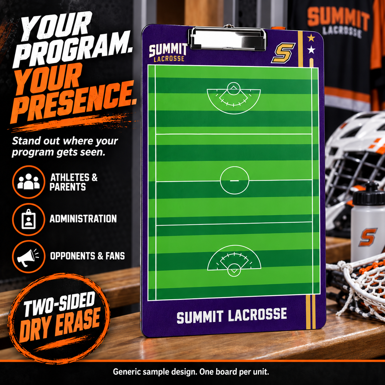 Custom Lacrosse clipboard coaching board: Lacrosse clipboard sample face with varied team colors and source-informed sport diagrams or writing areas. Generic AI sample illustration. Final artwork follows the selected product designer.