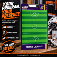 Thumbnail for Custom Lacrosse clipboard coaching board: Lacrosse clipboard sample face with varied team colors and source-informed sport diagrams or writing areas. Generic AI sample illustration. Final artwork follows the selected product designer.