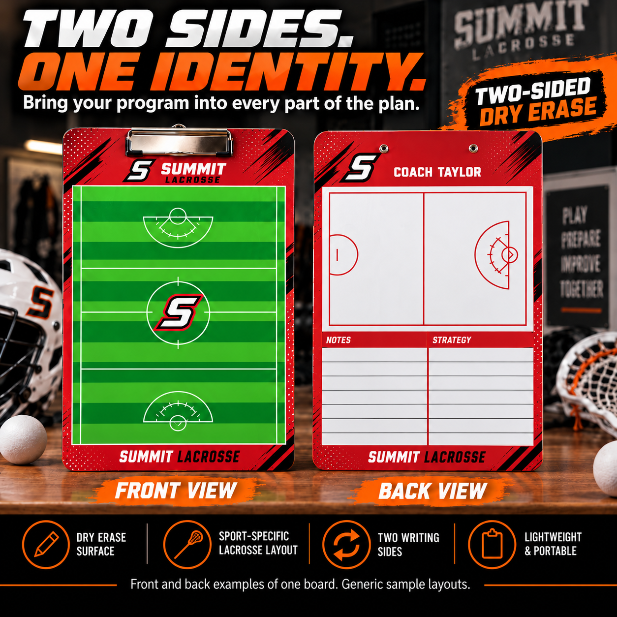 Custom Lacrosse clipboard coaching board: Lacrosse clipboard sample face with varied team colors and source-informed sport diagrams or writing areas. Generic AI sample illustration. Final artwork follows the selected product designer.