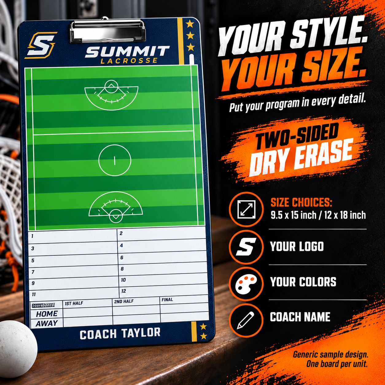 Custom Lacrosse clipboard coaching board: Lacrosse clipboard sample face with varied team colors and source-informed sport diagrams or writing areas. Generic AI sample illustration. Final artwork follows the selected product designer.