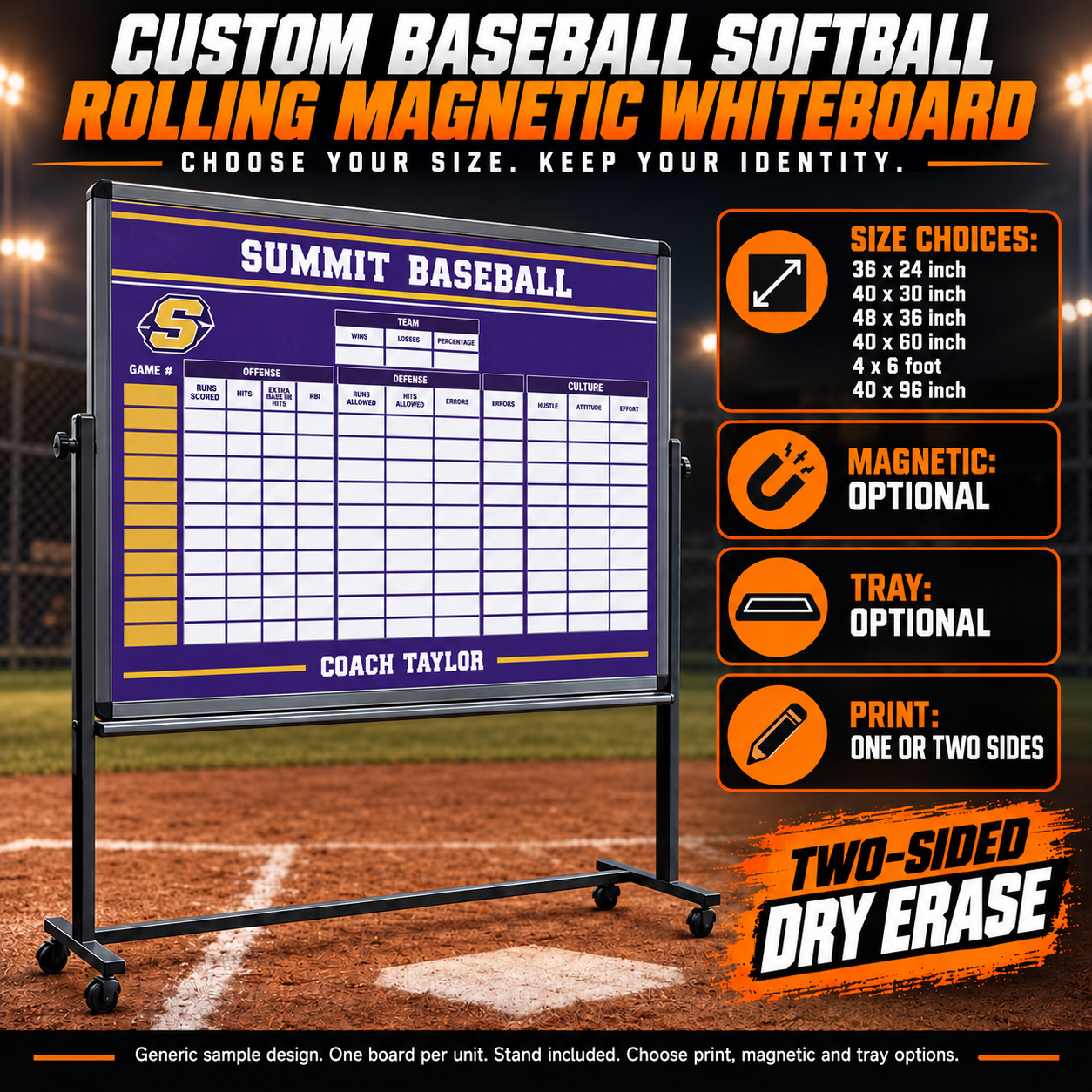 Custom Baseball / Softball mobile coaching board: Baseball / Softball mobile sample face with varied team colors and source-informed sport diagrams or writing areas. Generic AI sample illustration. Final artwork follows the selected product designer.