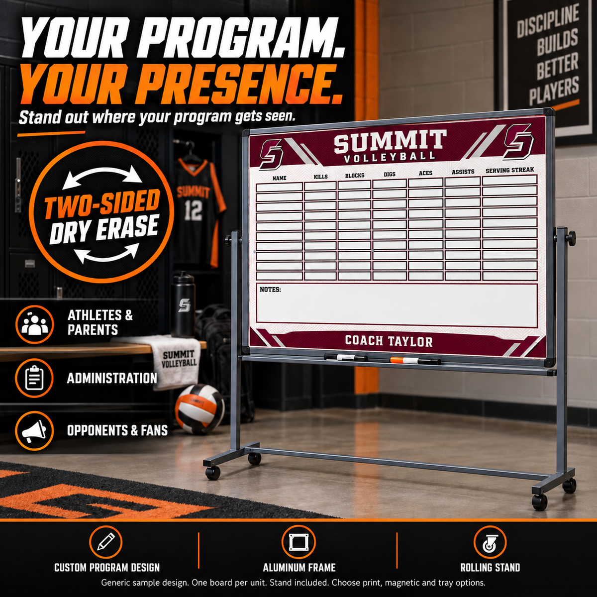 Custom Volleyball mobile coaching board: Volleyball mobile sample face with varied team colors and source-informed sport diagrams or writing areas. Generic AI sample illustration. Final artwork follows the selected product designer.