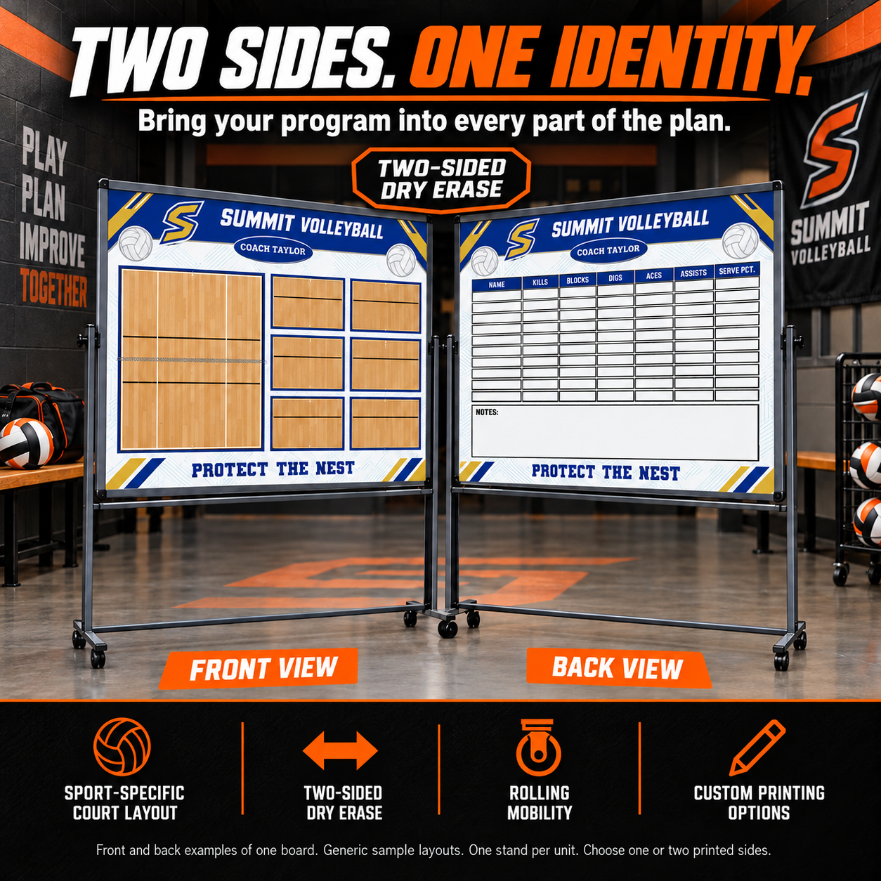 Custom Volleyball mobile coaching board: Volleyball mobile sample face with varied team colors and source-informed sport diagrams or writing areas. Generic AI sample illustration. Final artwork follows the selected product designer.