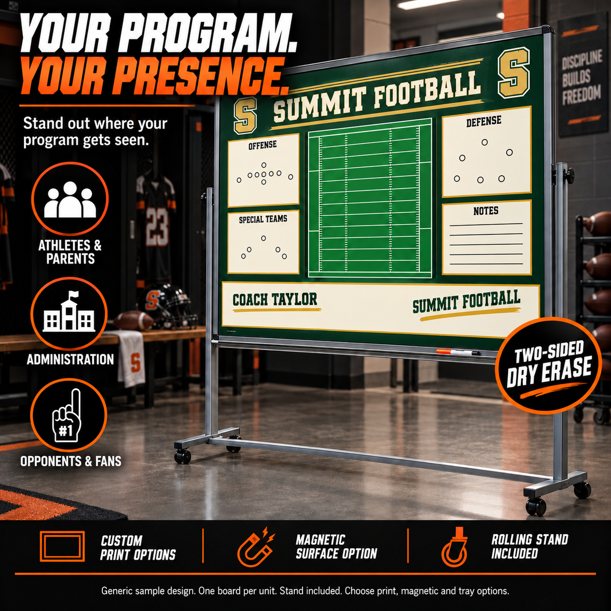 Custom Football mobile coaching board: Football mobile sample face with varied team colors and source-informed sport diagrams or writing areas. Generic AI sample illustration. Final artwork follows the selected product designer.