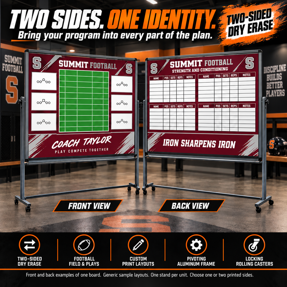 Custom Football mobile coaching board: Football mobile sample face with varied team colors and source-informed sport diagrams or writing areas. Generic AI sample illustration. Final artwork follows the selected product designer.