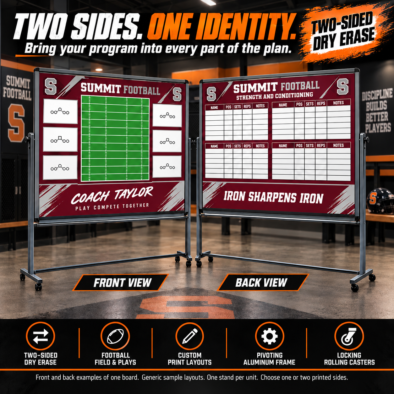 Custom Football mobile coaching board: Football mobile sample face with varied team colors and source-informed sport diagrams or writing areas. Generic AI sample illustration. Final artwork follows the selected product designer.