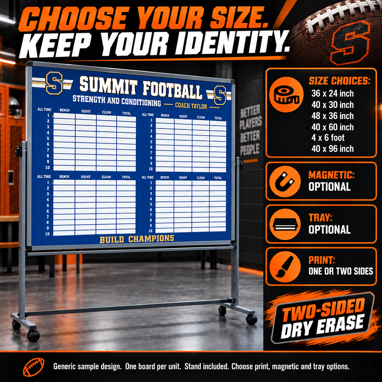 Custom Football mobile coaching board: Football mobile sample face with varied team colors and source-informed sport diagrams or writing areas. Generic AI sample illustration. Final artwork follows the selected product designer.