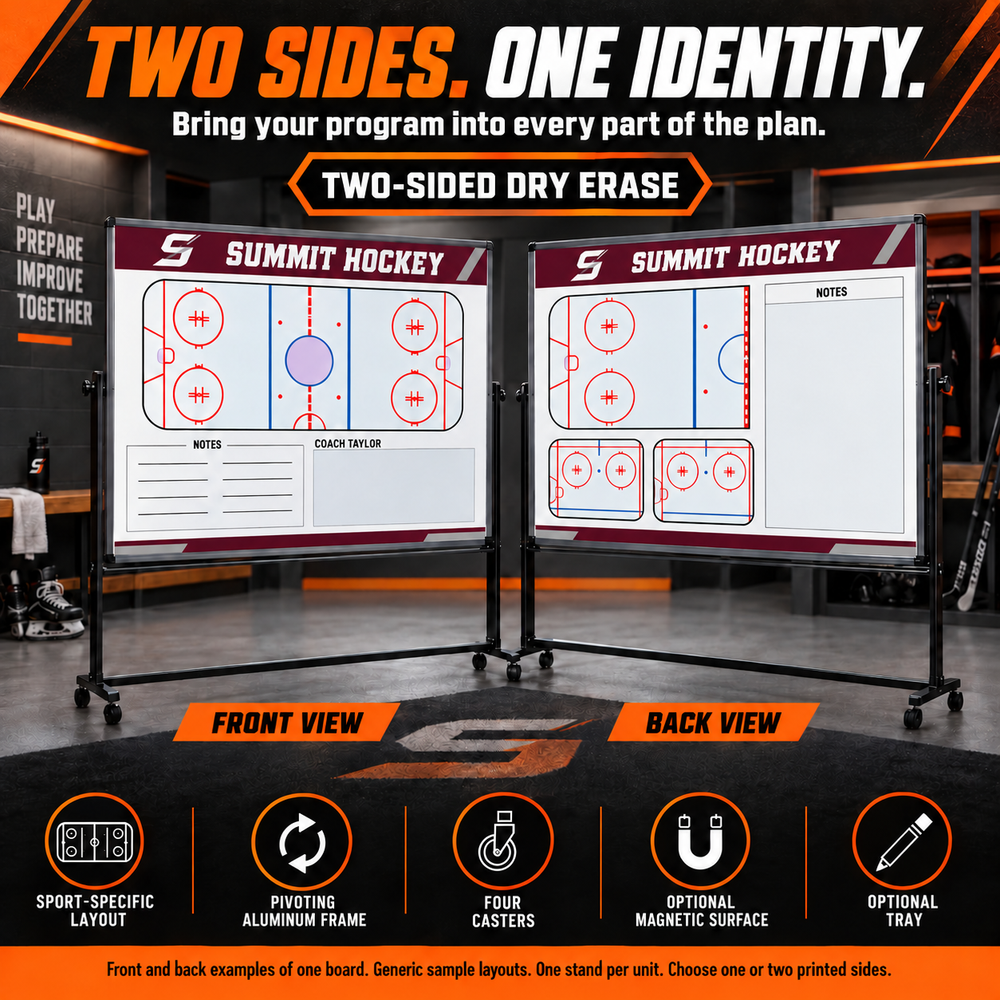 Custom Hockey mobile coaching board: Burgundy full-rink and practice faces illustrating two sides of one rolling board. Generic AI sample illustration. Final artwork follows the selected product designer.