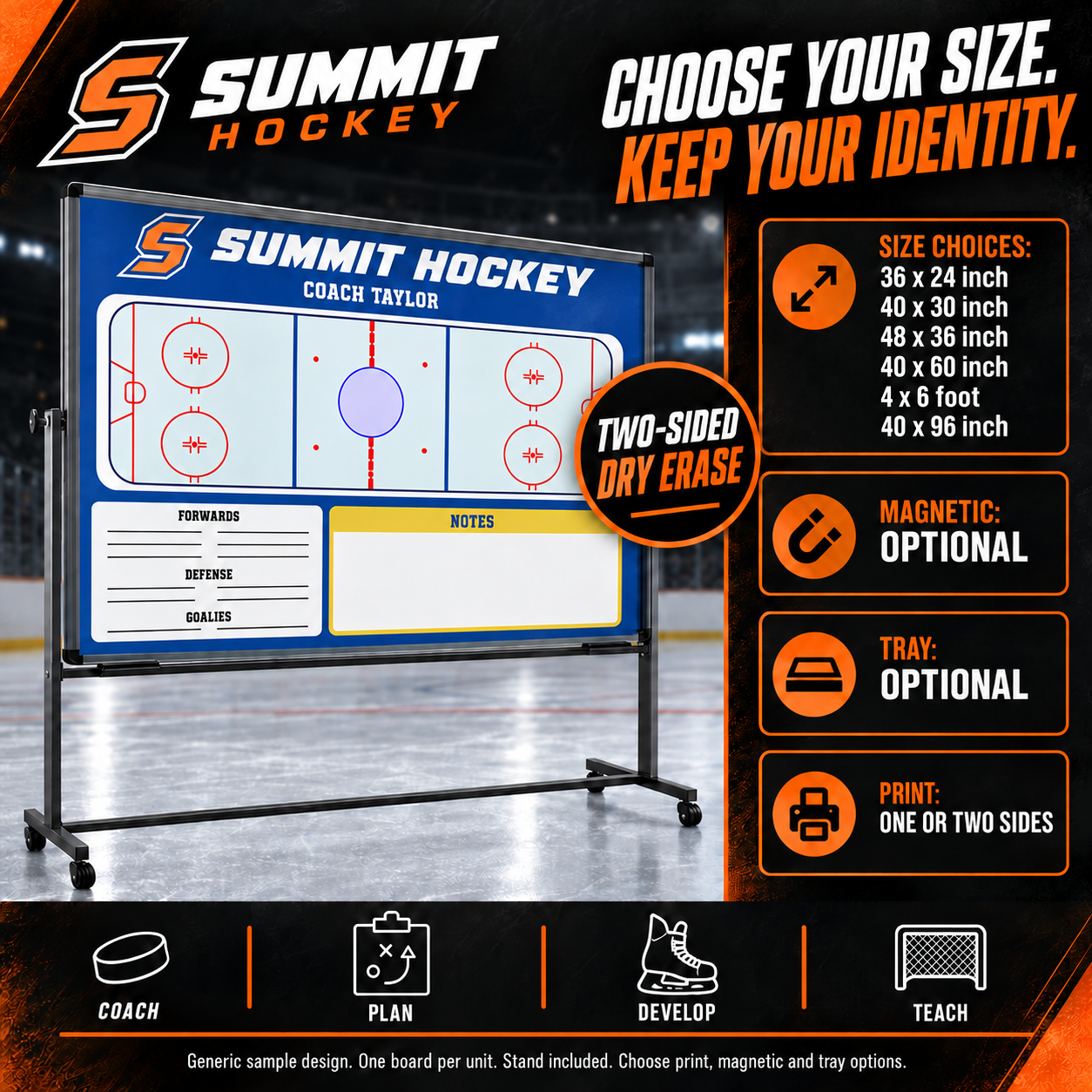 Custom Hockey mobile coaching board: Blue full-rink face with forwards, defense and goalies writing areas beneath the rink and a notes panel. Generic AI sample illustration. Final artwork follows the selected product designer.