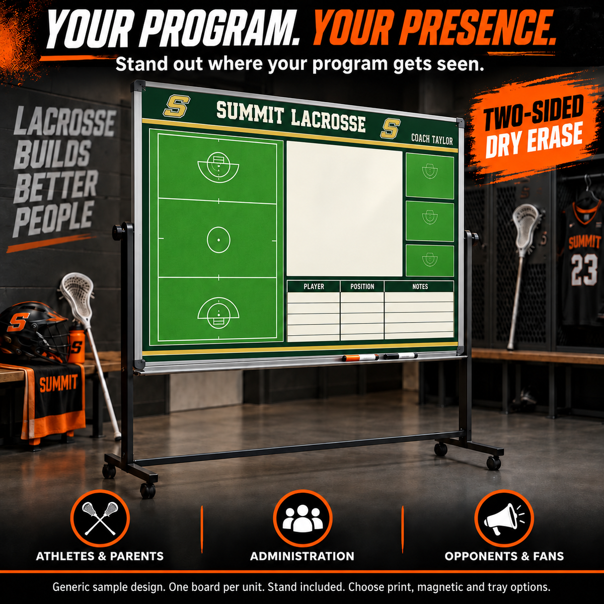 Custom Lacrosse mobile coaching board: Lacrosse mobile sample face with varied team colors and source-informed sport diagrams or writing areas. Generic AI sample illustration. Final artwork follows the selected product designer.