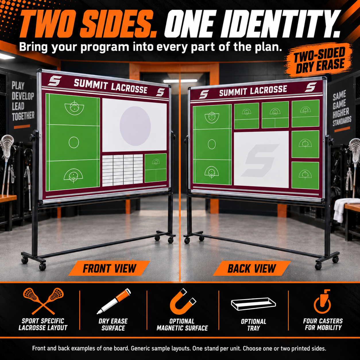 Custom Lacrosse mobile coaching board: Lacrosse mobile sample face with varied team colors and source-informed sport diagrams or writing areas. Generic AI sample illustration. Final artwork follows the selected product designer.