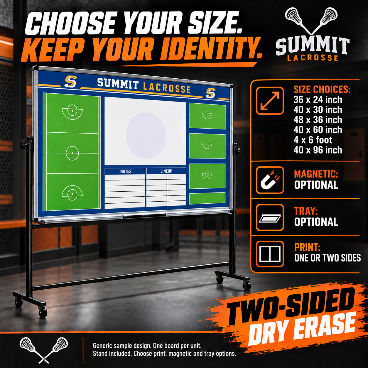 Custom Lacrosse mobile coaching board: Lacrosse mobile sample face with varied team colors and source-informed sport diagrams or writing areas. Generic AI sample illustration. Final artwork follows the selected product designer.