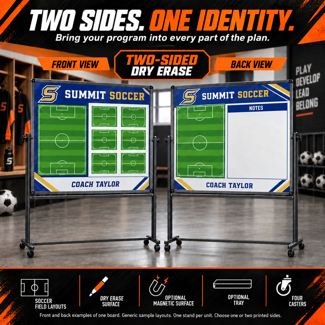 Custom Soccer mobile coaching board: Soccer mobile sample face with varied team colors and source-informed sport diagrams or writing areas. Generic AI sample illustration. Final artwork follows the selected product designer.